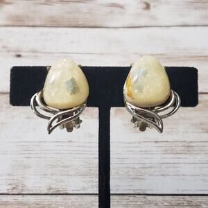 Vintage Clip On Earrings Unusual Cream Stone with Green Flecks